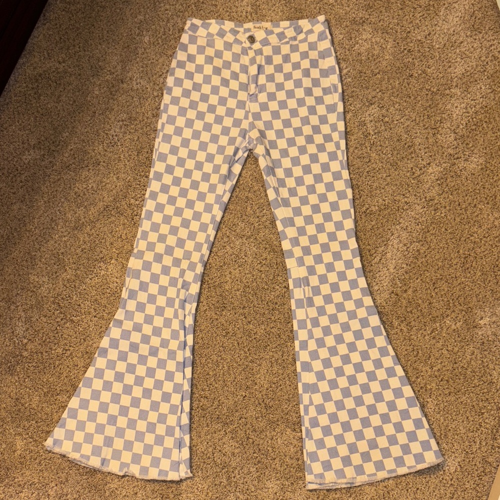 Peach Love California Blue and White Checkered Wide Leg Jeans